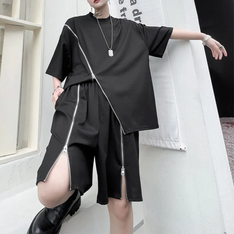 Maxct Zipper Embellishment T-shirt Shorts Set