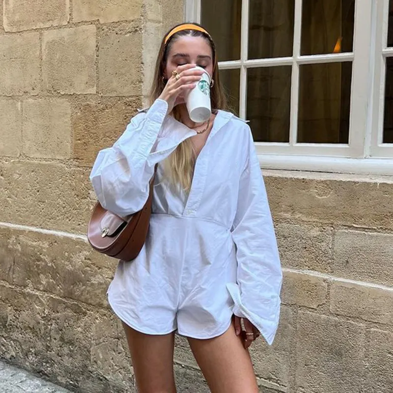 Autumn New Long Sleeves Shirt Playsuits For Women Loose Casual Patchwork High Waisted Pants Solid Rompers Female Outfits