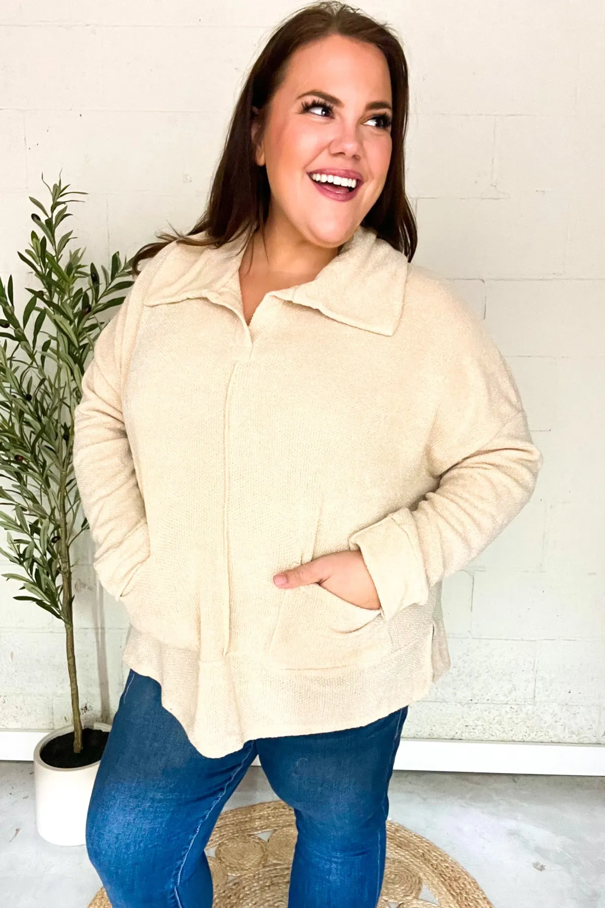 Maxct &Easy Living Oatmeal Textured Knit Notch Neck Oversized Collar Sweater