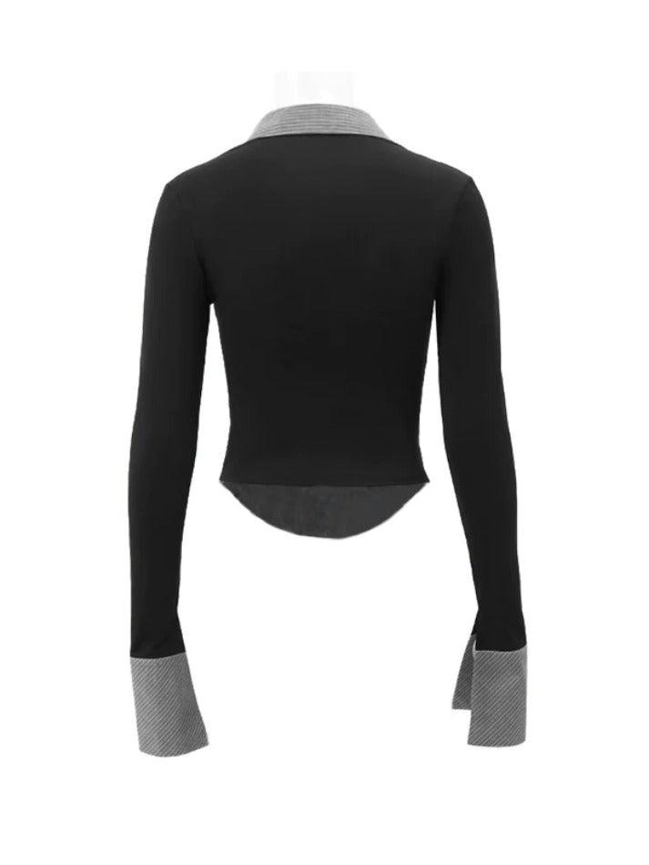 Maxct Stripe Splice Polo Neck Long Sleeve Blouse