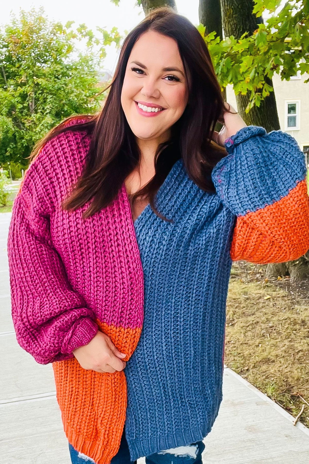 Maxct &Dazzle In Magenta & Navy Chunky Knit Color Block Cardigan
