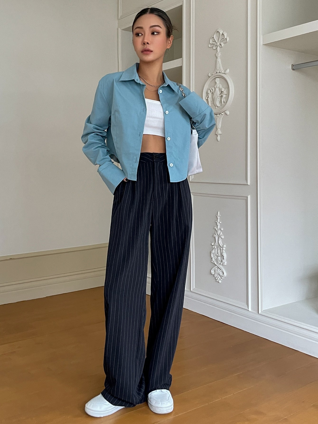 Maxct Pinstriped Print Wide Leg Suit Pants