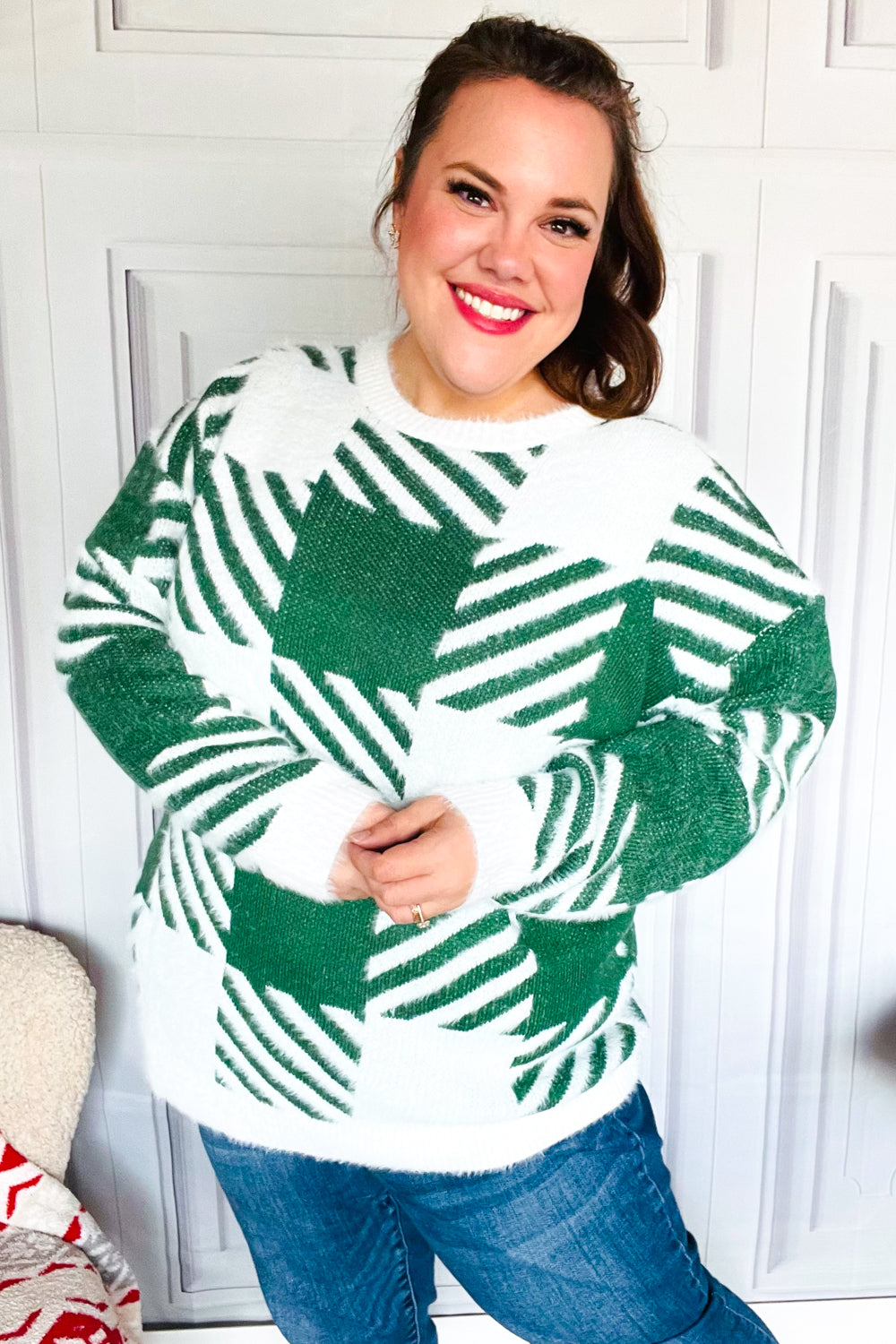 Maxct &Under The Christmas Tree Green Plaid Soft Brushed Hairy Sweater
