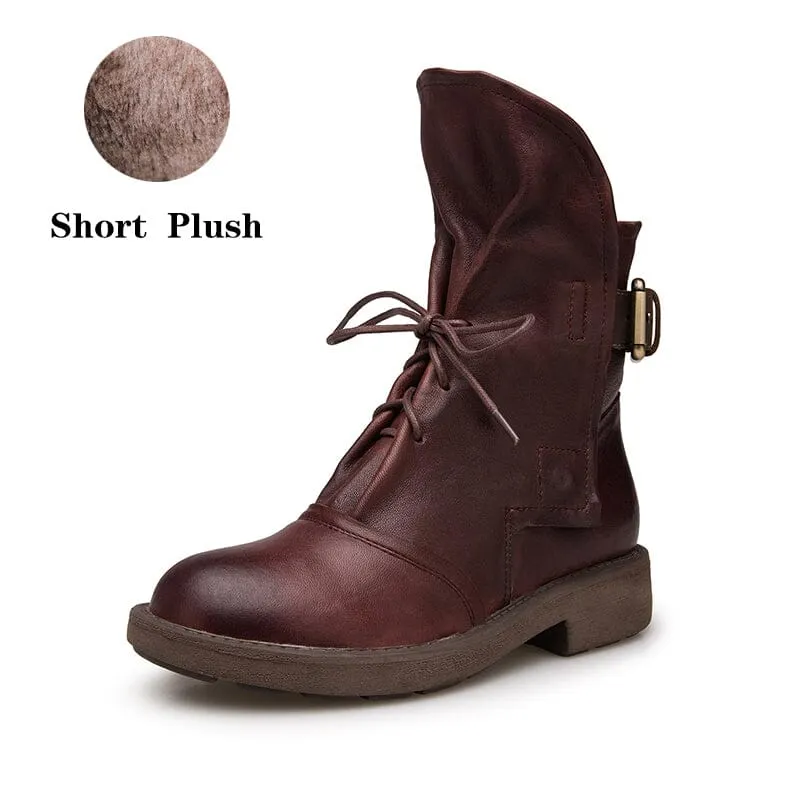 Womens Retro Sheepskin Short Boots for Winter Lace Up Buckles Boots Coffee/Black Maxct
