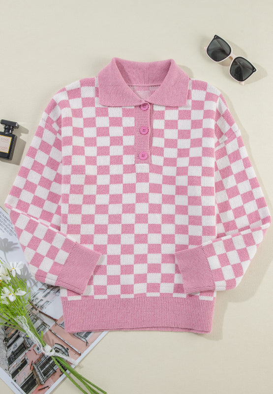 Maxct &Checkered Collared Neck Long Sleeve Sweater