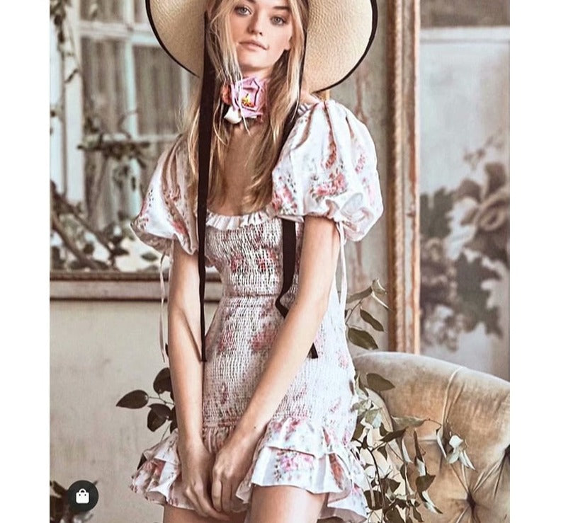 Maxct Boho loveshackfancy autumn dress beige short sleeve ruffles slim holiday ins bloggers special interest mini dress women