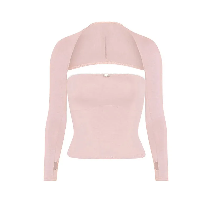 Maxct 2000s Retro Fairy Grunge Backless Camis Crop Tops Cute 2 Piece Set Chic Strapless Tube Tops Y2K Long Sleeve Shrug T Shirt