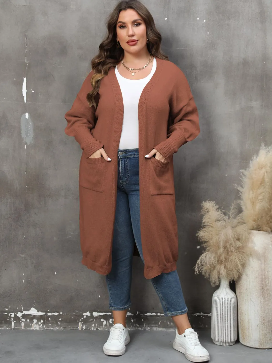 Maxct &Plus Size Long Sleeve Pocketed Cardigan