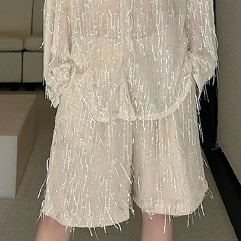 Maxct Summer Stage Tassels Sequins Tops Shorts Suits