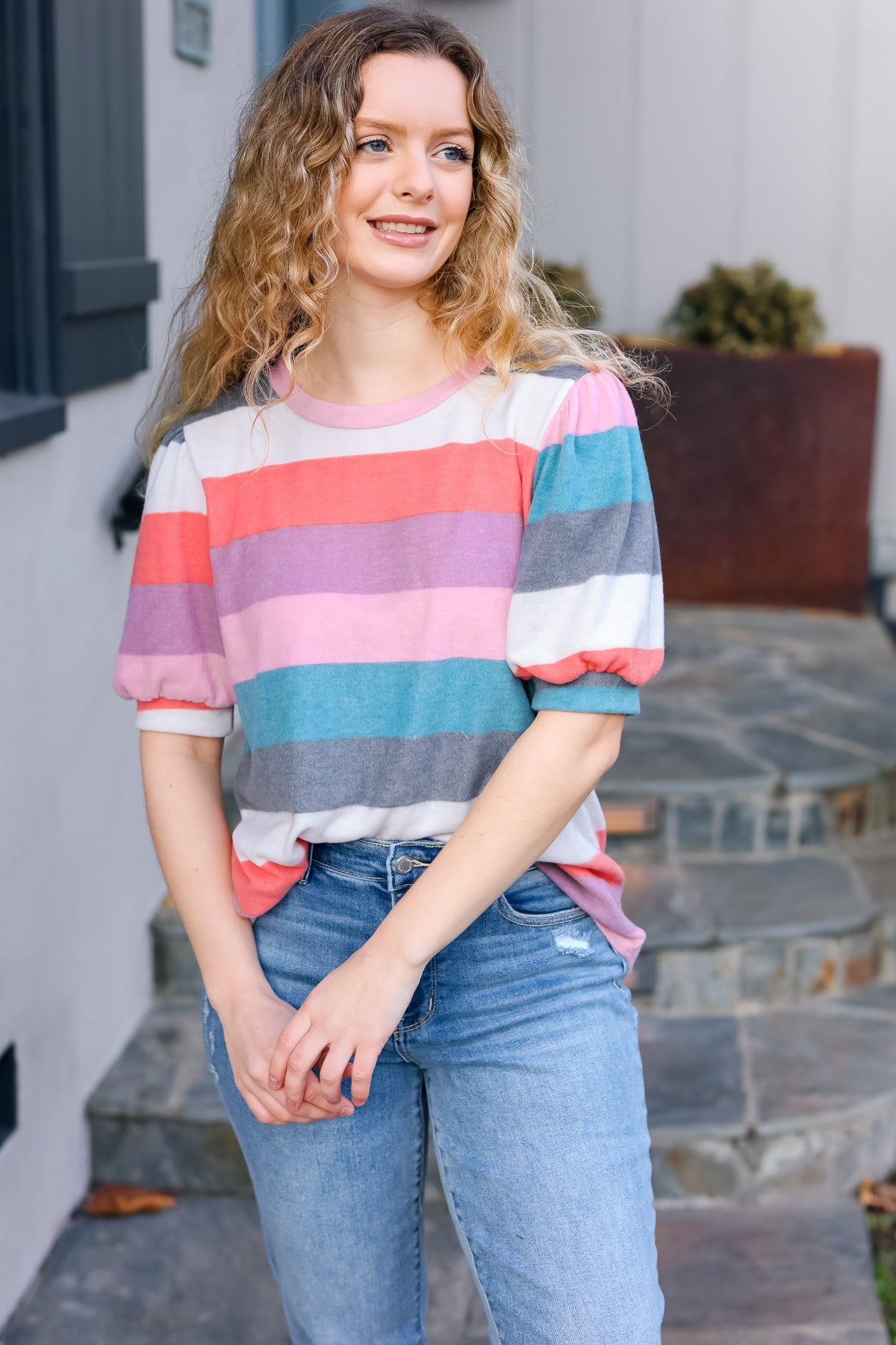Maxct &Look Out Teal & Rose Striped Hacci Knit Puff Sleeve Top