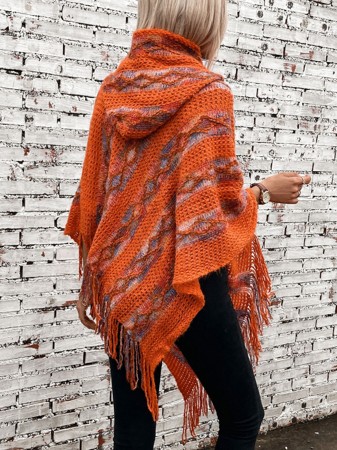 Maxct &Fringe Contrast Hooded Poncho