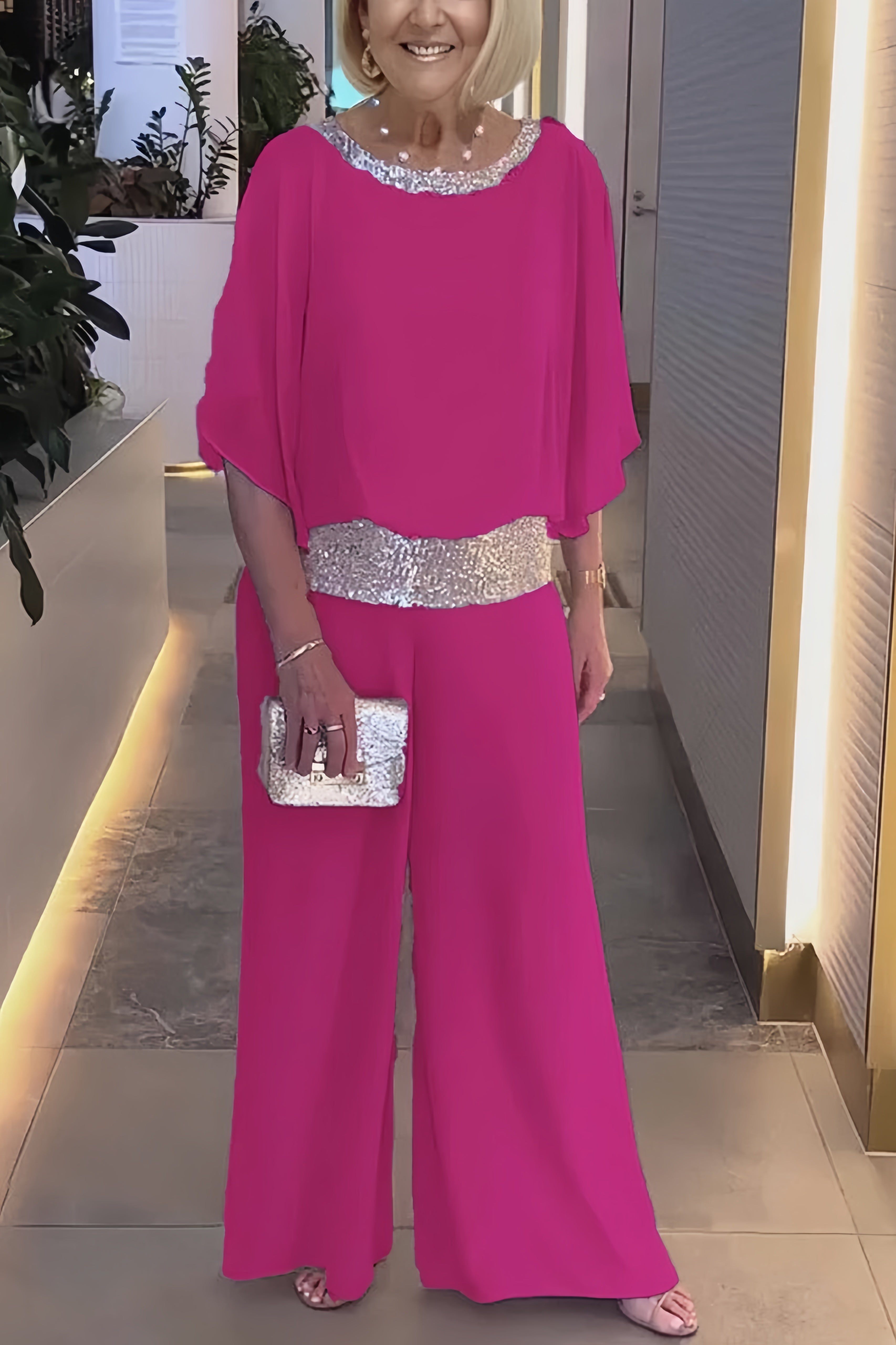 Maxct Sequins Patchwork Bat Sleeve Tops Pants Suits
