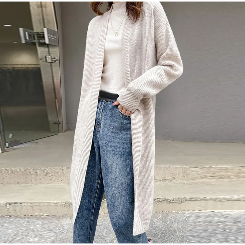 Casual Knitted Solid Long Cardigan Women Korean Loose Long Open Sweaters Female Autumn Chic Warm Simple Daily Street Tops