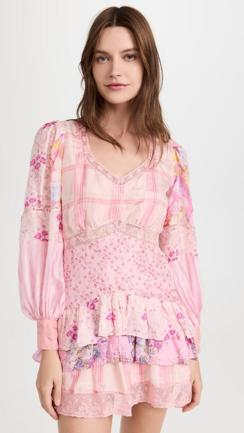 Maxct Inspired crochet-trimmed floral print cotton mini dress wrap-like summer dress cute V-neck short sleeve party dress women