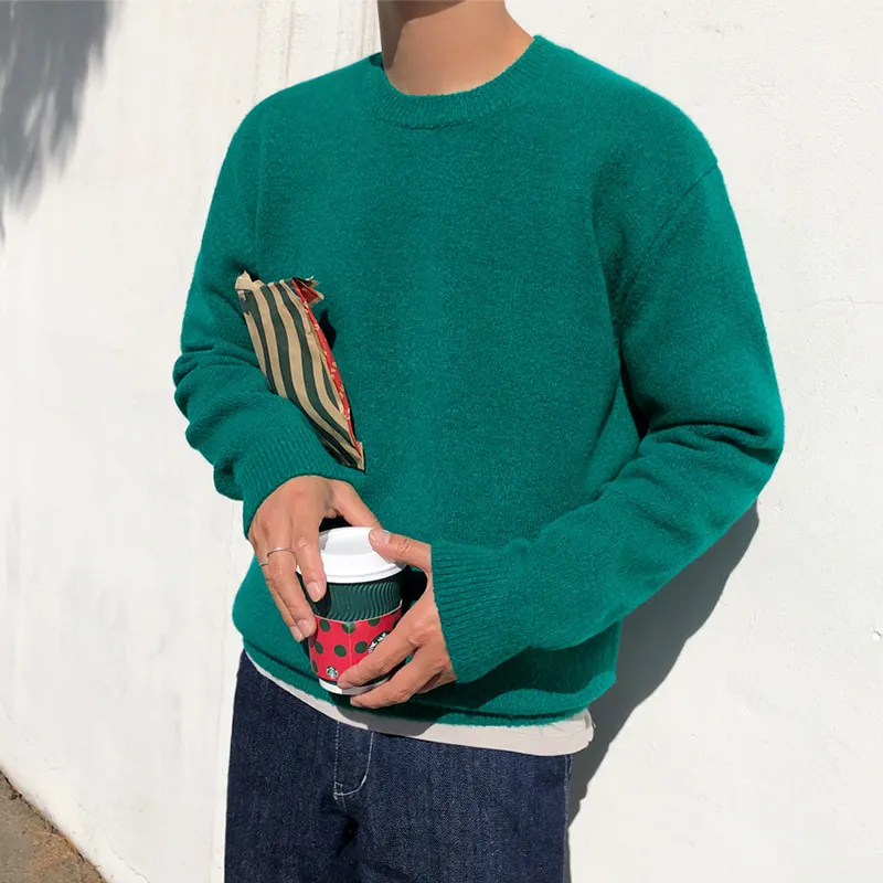Maxct streetwear men outfits Sweater Men's Korean-Style Loose round Neck Solid Color Sweater Autumn and Winter Thickened Trendy Boys Bottoming Shirt outside