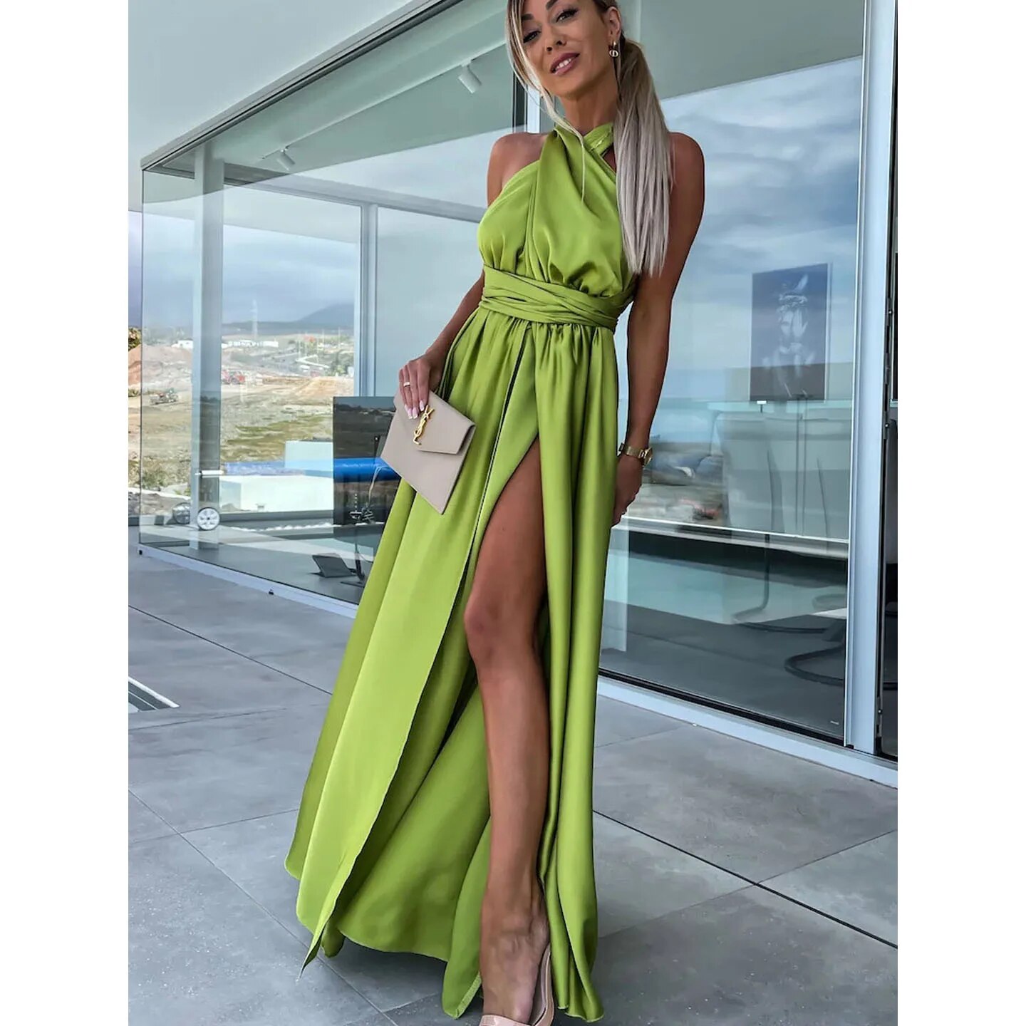 Maxct Summer Sexy Solid Casual Women Dress Sleeveless Deep V Tie Up High Split Long Dress Evening Party Elegant Lady Maxi Dress