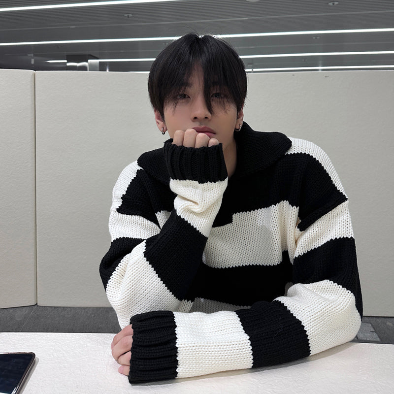Maxct 6628 Striped Knitted Button-Up Shirt Sweater