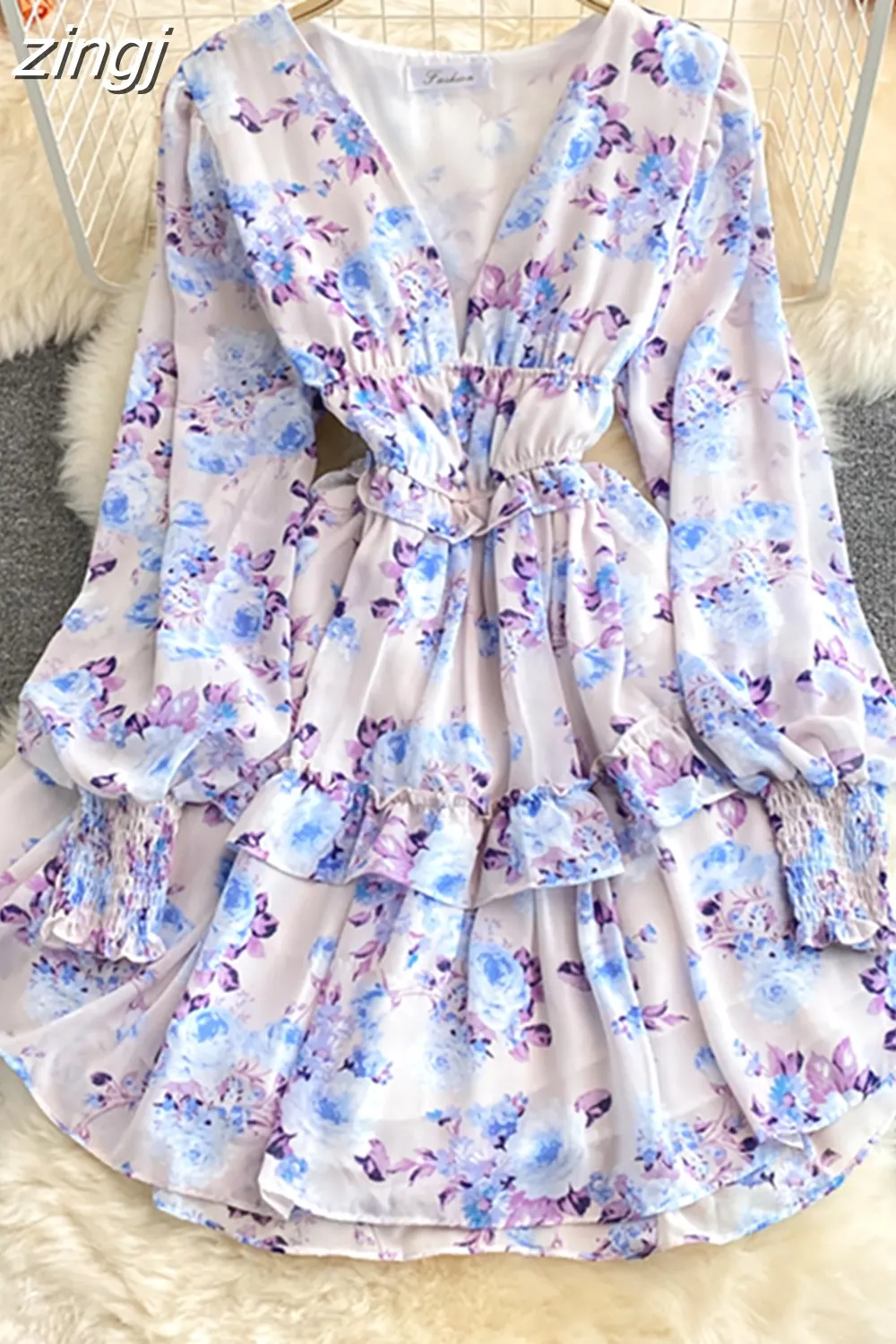 Maxct Women Green/Purple/Beige Floral Chiffon Dress Bohemian V-Neck Lantern Long Sleeve High Waist Ruffle Vestidos Female New