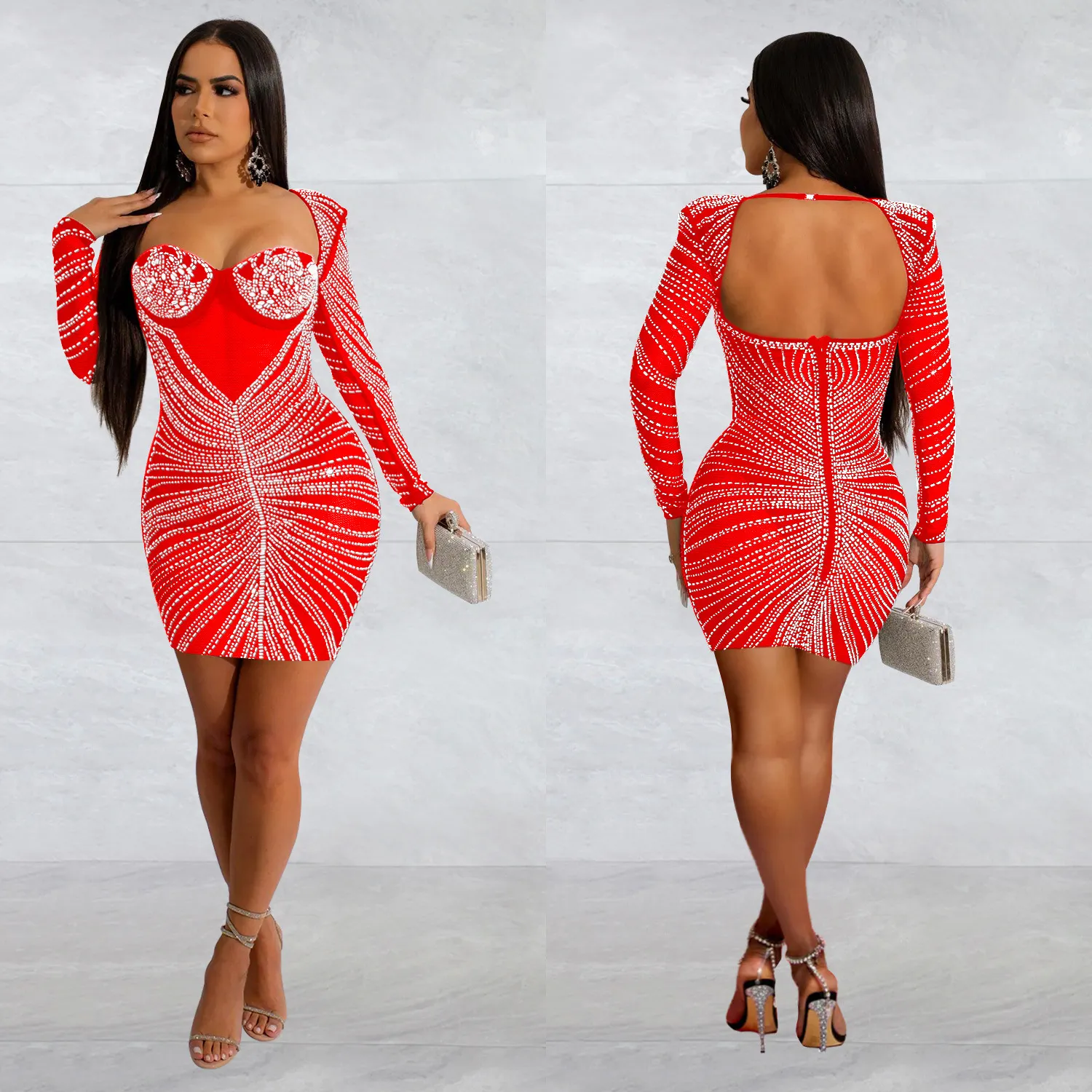 Maxct Maxct Fashion Women's Solid Color Net Gauze Hot Diamond Long Sleeve Short Skirt Dress
