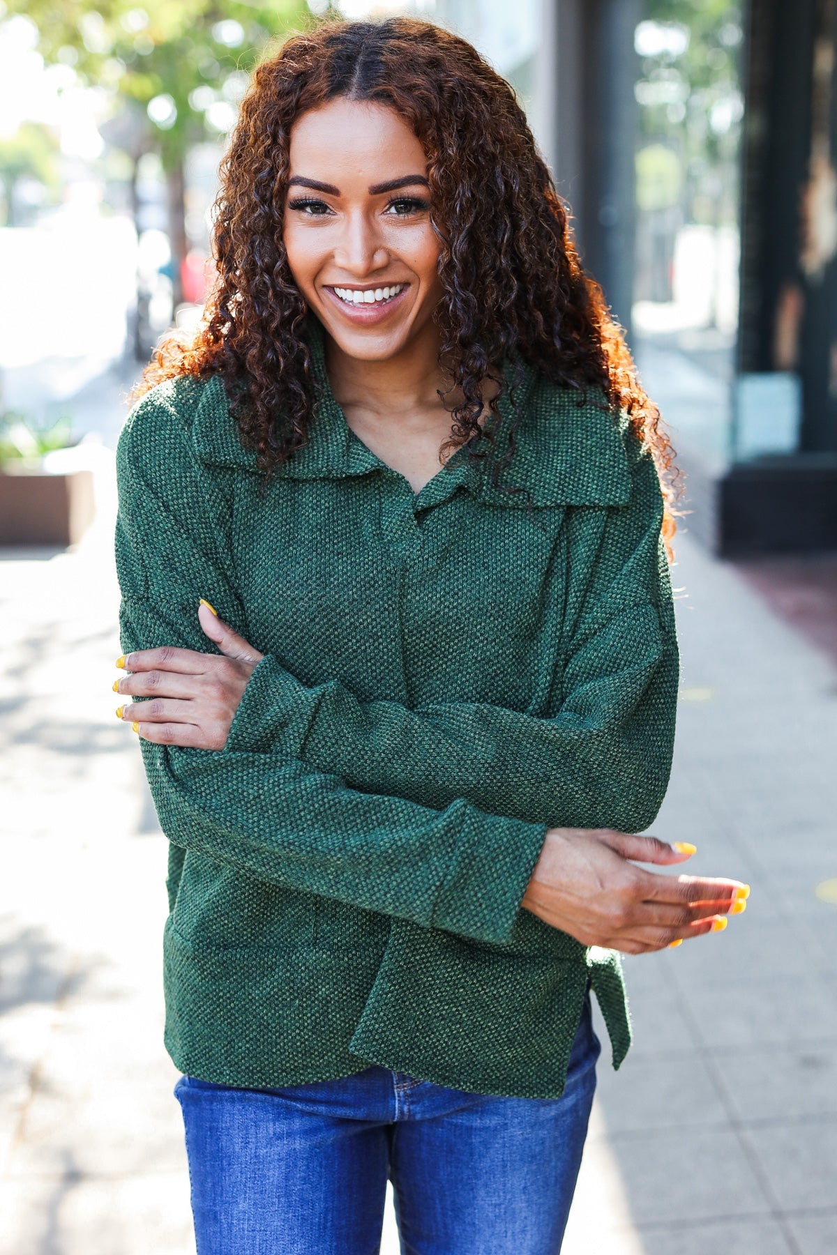 Maxct &Easy Living Olive Textured Knit Notch Neck Oversized Collar Sweater