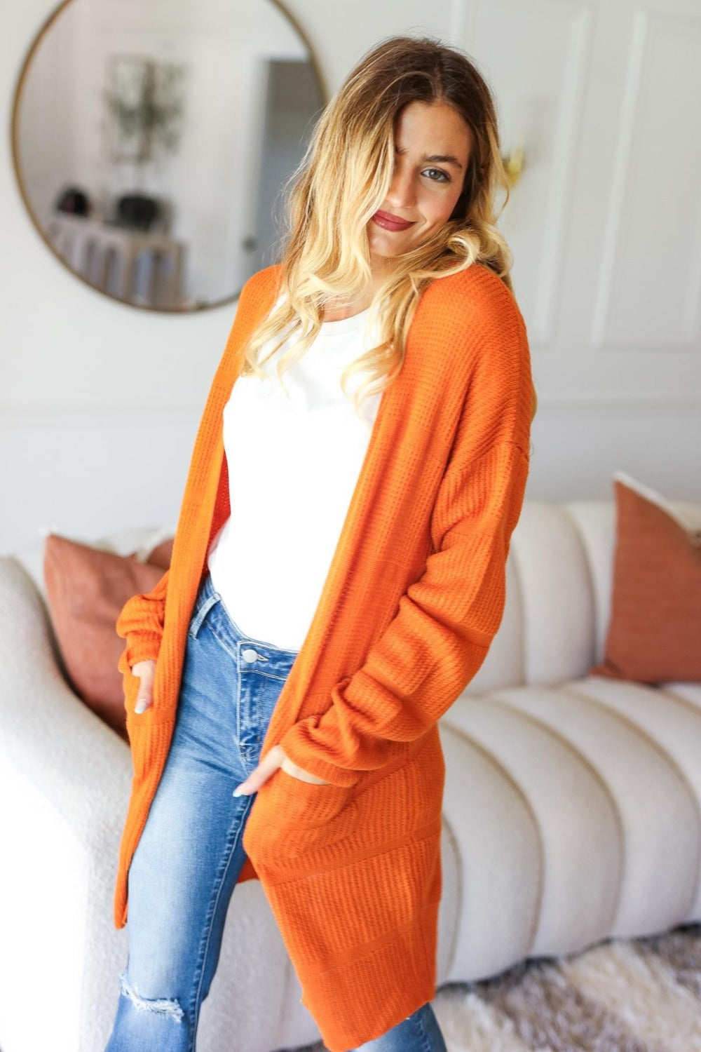 Maxct &Haptics Full Size Stripe Textured Open Front Cardigan with Pockets