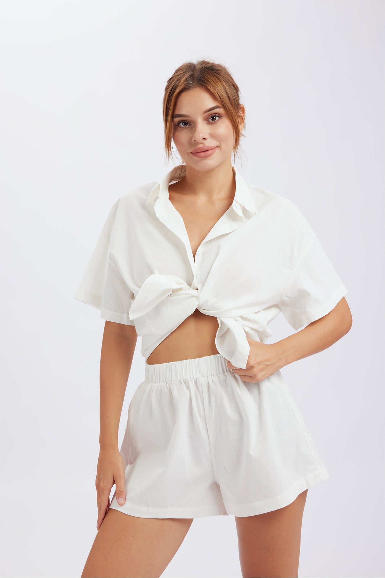 Maxct Solid Button Through Drop Shoulder Shirt Shorts Set