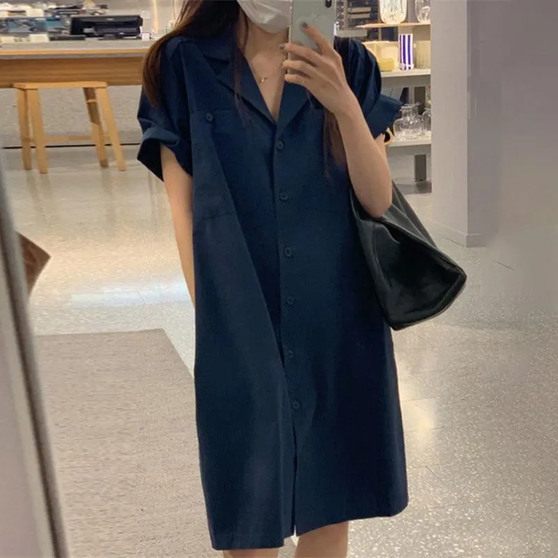 Maxct Simple Lapel Single Breasted Shirt Dress