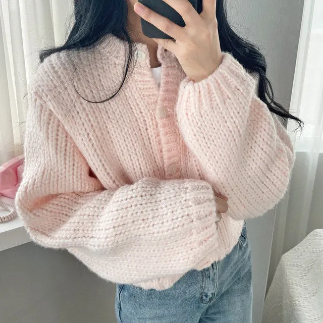 Maxct Round Neck Lantern Sleeve Knitted Cardigan