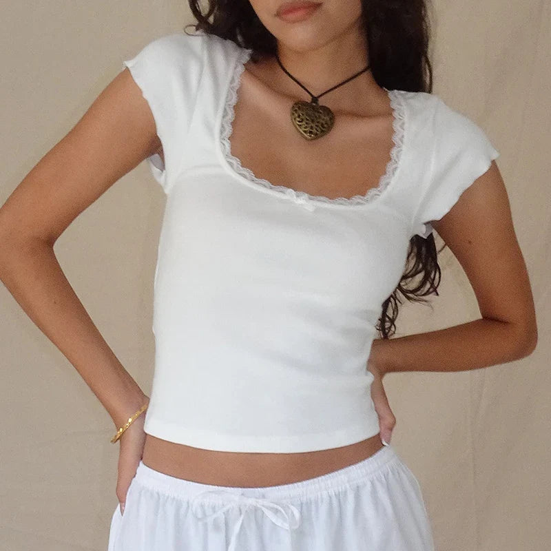 Maxct Kawaii Lace Trim T-shirt Chic Vintage Short Sleeve Rib Knitted Tees Shirt Elegant Women Fairy Cottage Y2K Crop Tops Clothes