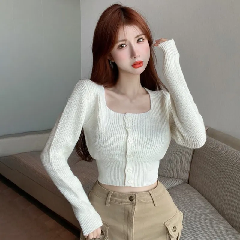 Maxct Long Sleeve Square Neck Solid Color Short Top Knitted Air Conditioning Shirt Women's Sweater