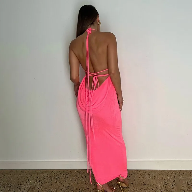 Elegant Fashion Halter Sexy Backless Draped Maxi Dress Women Summer Club Party Long Straps Shift Dresses Clothes