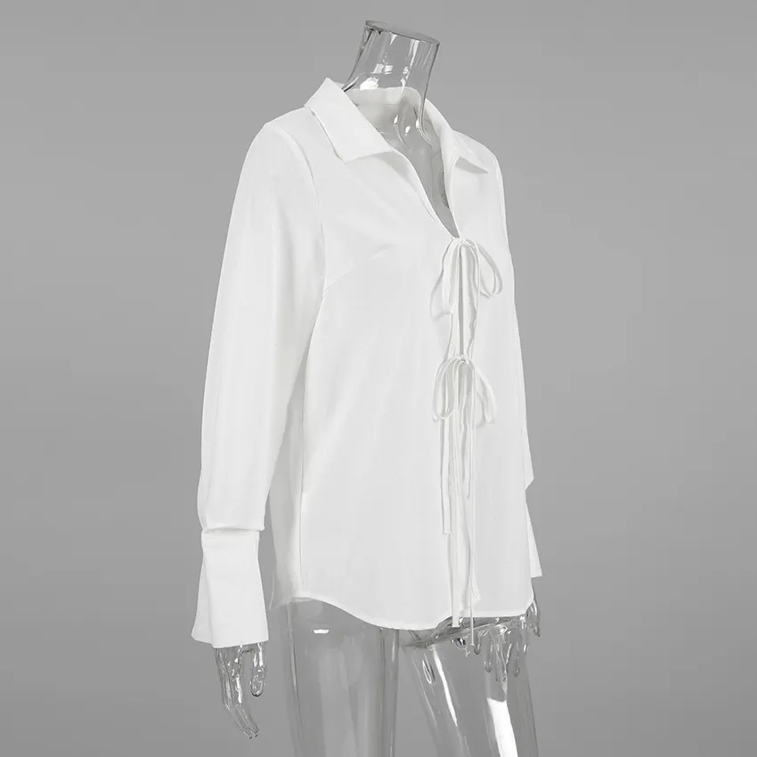 Hollow Out Lace Up White Cotton Linen Shirt Women's Long Sleeve Loose Casual Sexy Lapel Cardigan Top Female Summer new