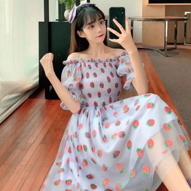 Strawberry Printed Elegant Chiffon Transparent Dress Maxct