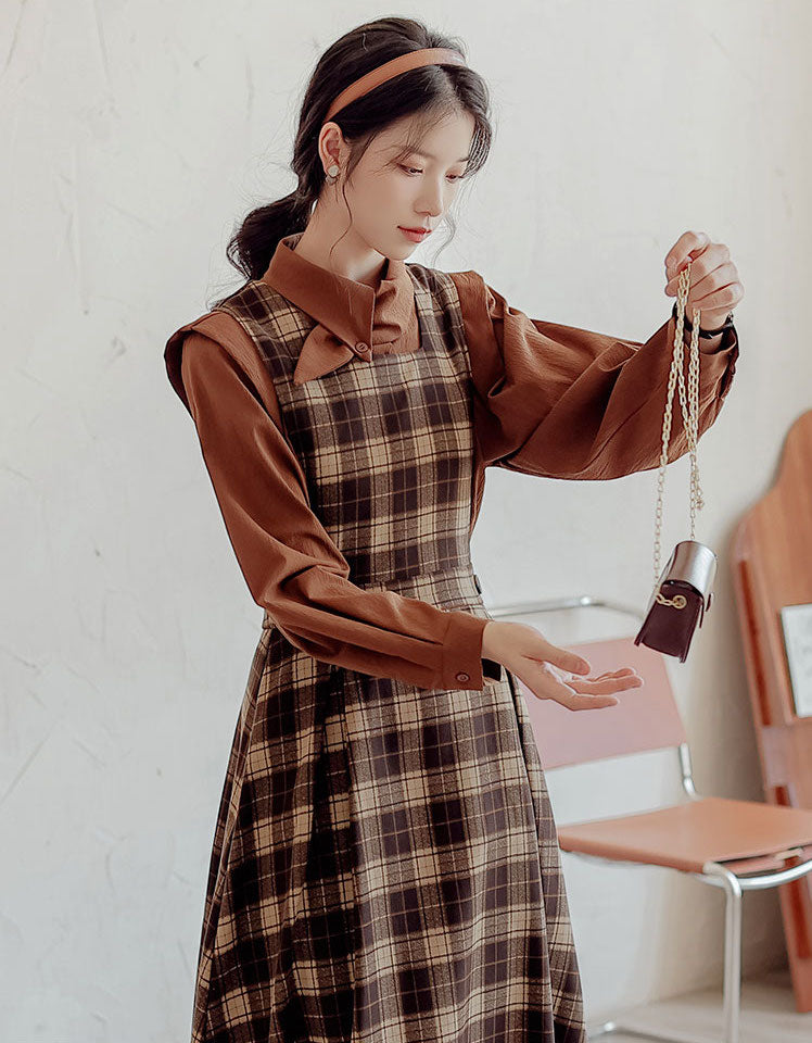 Crepe Plaid Pinafore Dress Set Maxct