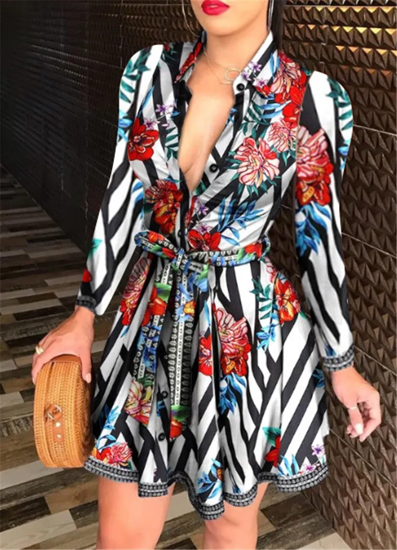 Women's Printed Long Sleeve Dress Casual Bandage Mini A-line Dresses Sexy Party Summer Feminias Vestidos Women Clothes