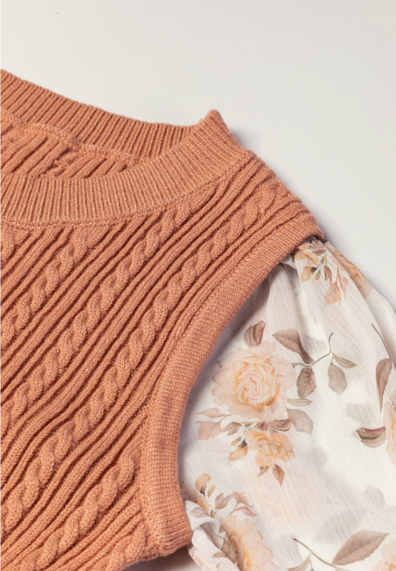 Maxct &Cable Knit Round Neck Flounce Sleeve Sweater