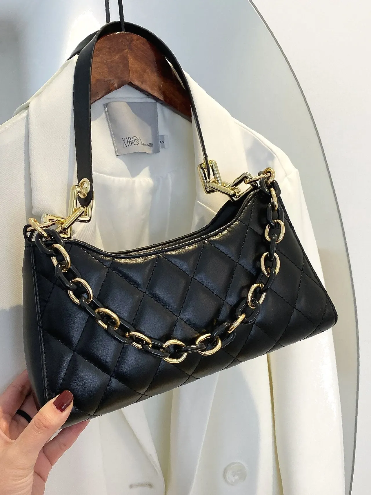 Bag For Love - Minimalist Quilted Chain Baguette Bag  - Women Maxct Bags
