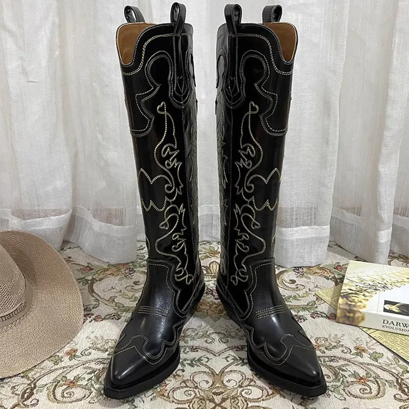 Womens Contrasting Embroidery Western Boots Knee High Cowboy Boots Maxct