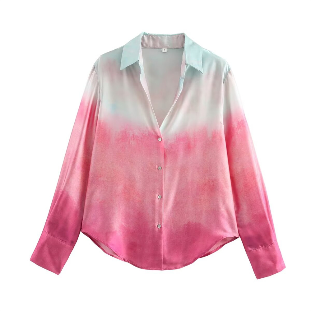 Maxct Autumn New Product Women's Fashion Silk Texture Tie Dyeing Printed Shirt High Waist Wide Leg Pants Set