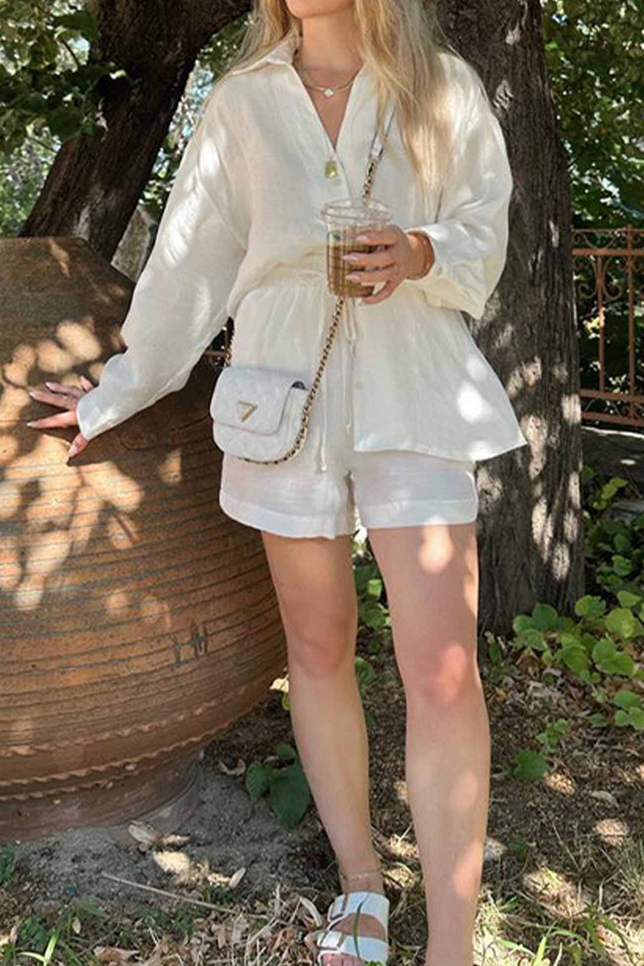 Maxct Solid Color V Neck Shirt Drawstring Shorts Set