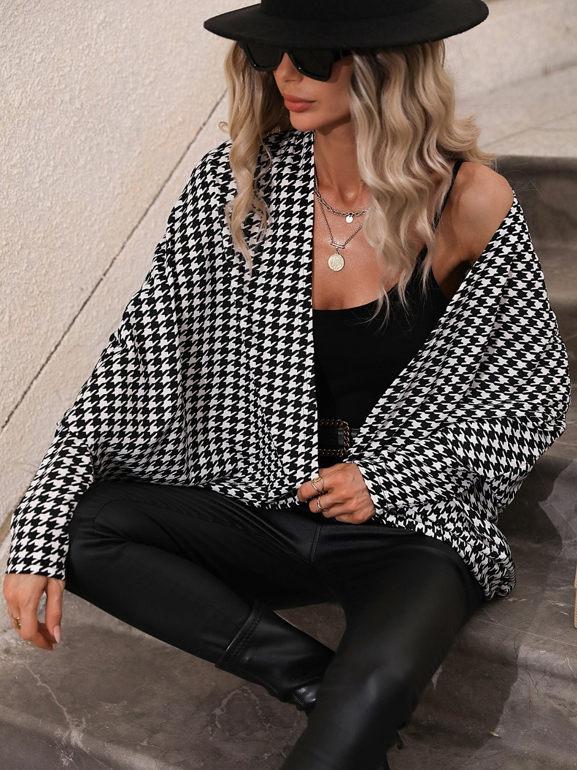 Maxct &Houndstooth Open Front Batwing Sleeve Cardigan
