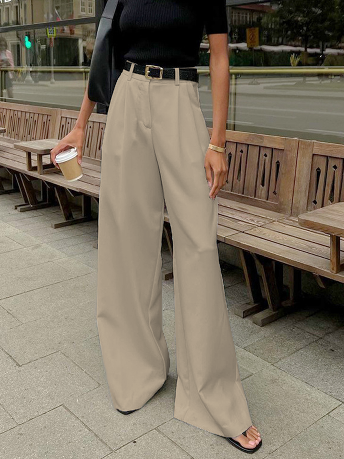 Maxct Solid Wide Leg Pants Without Belt