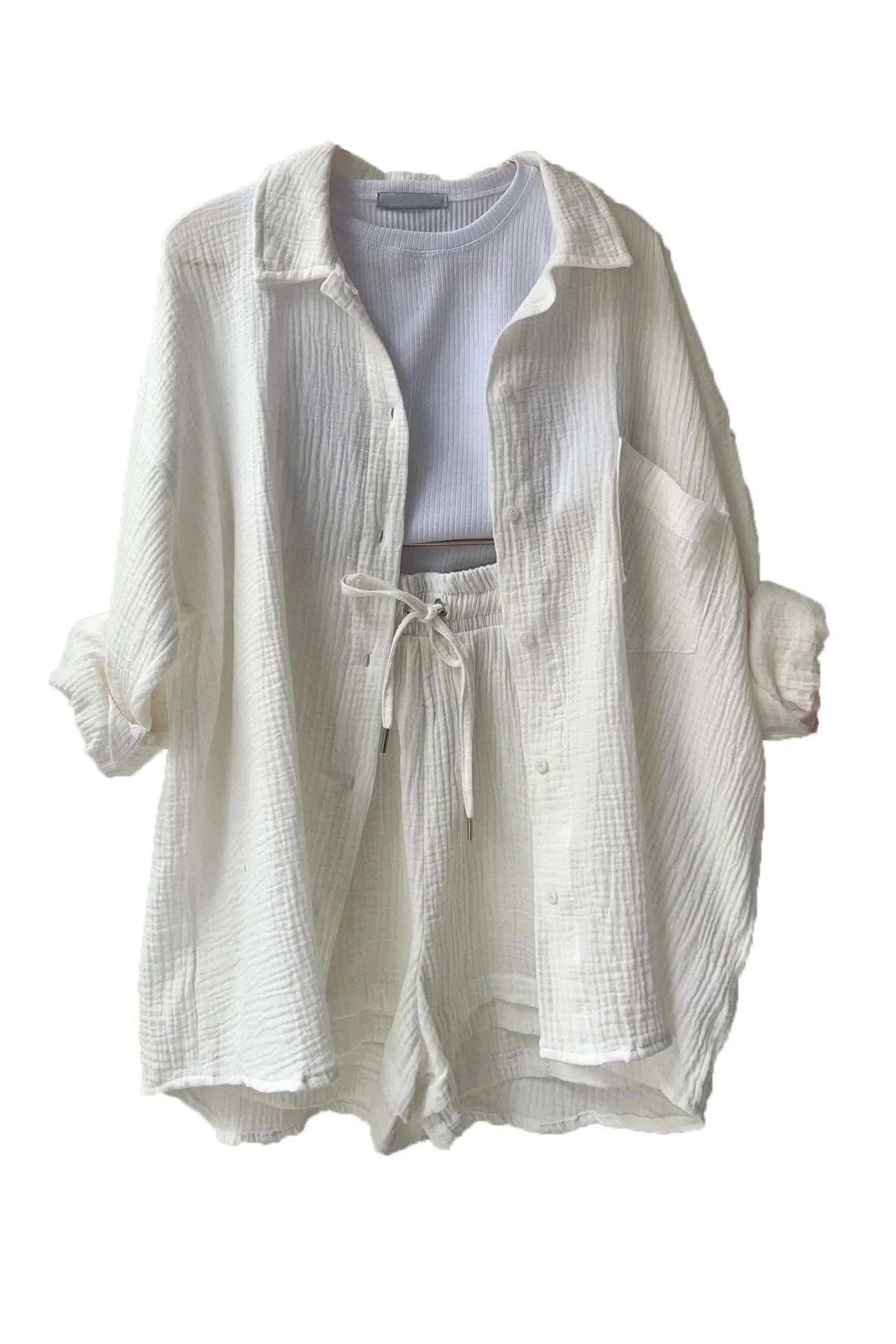 Maxct Long Sleeve Solid Color Shirt Shorts Set