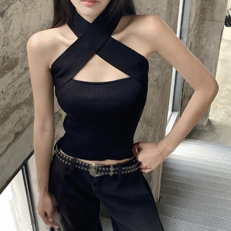 Maxct New Slim Top Short Hot Girl Pure Desire Cross Halter Knit Vest Woman Crop Tops Y2k Accessories