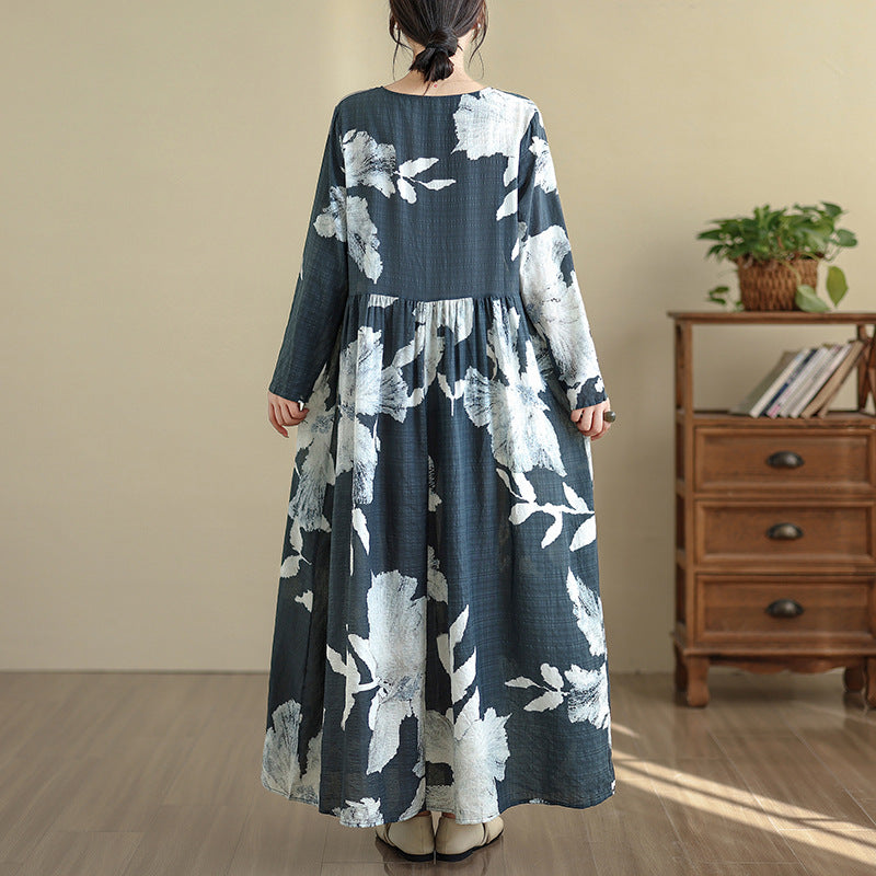 Retro Cotton Floral Print Vacation Round Neck Maxi Dress