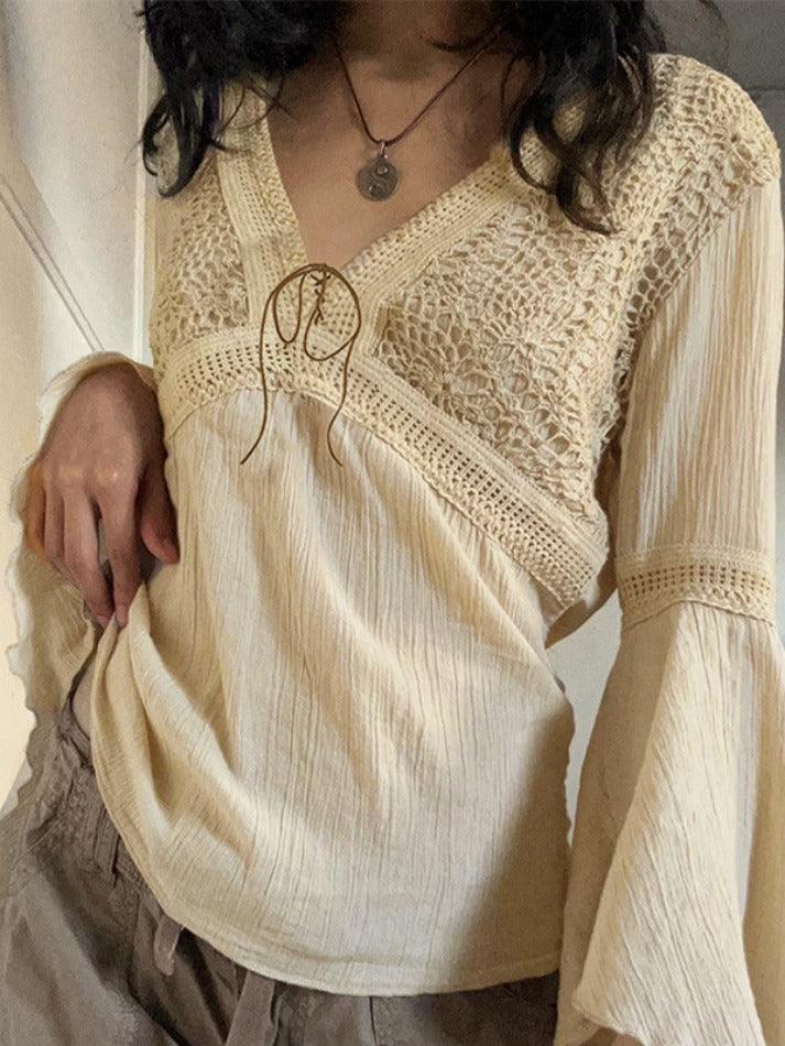 Maxct-Tribal Cutout V Neck Lacing Flared Long Sleeve Blouse