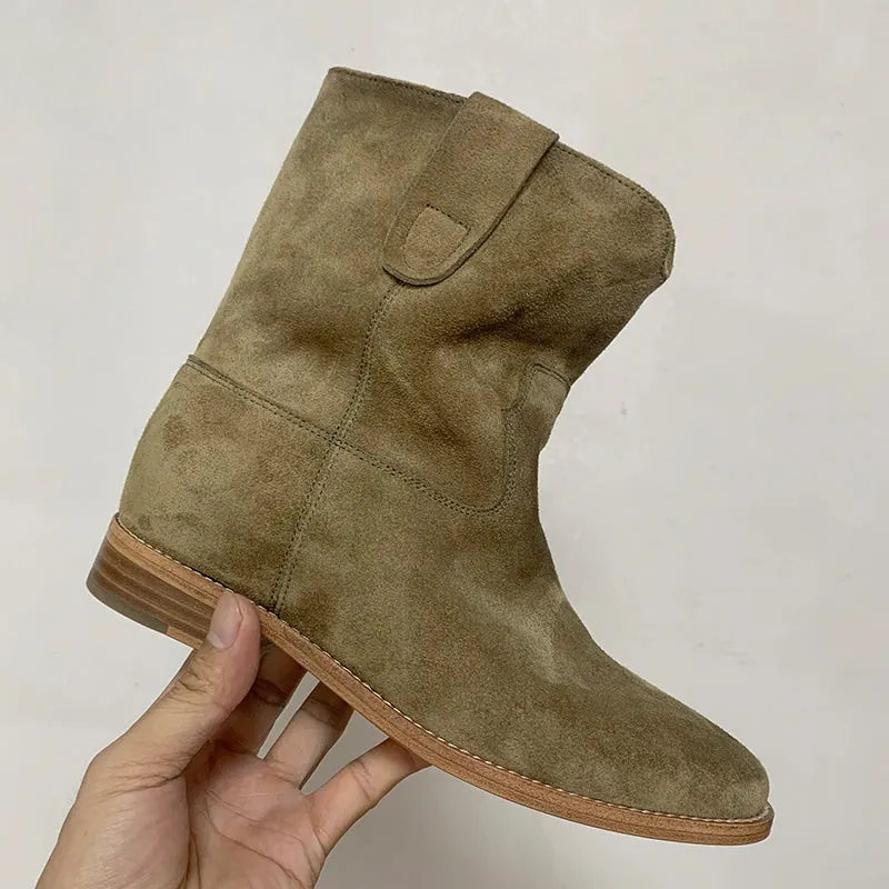 Womens Suede Mid Calf Western Cowboy Boots Maxct