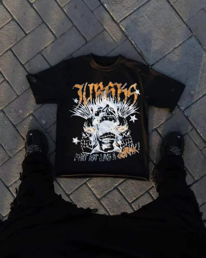 Maxct American Gothic quirky letter print oversized T-shirt men's fashion retro loose versatile Harajuku short-sleeved couple style