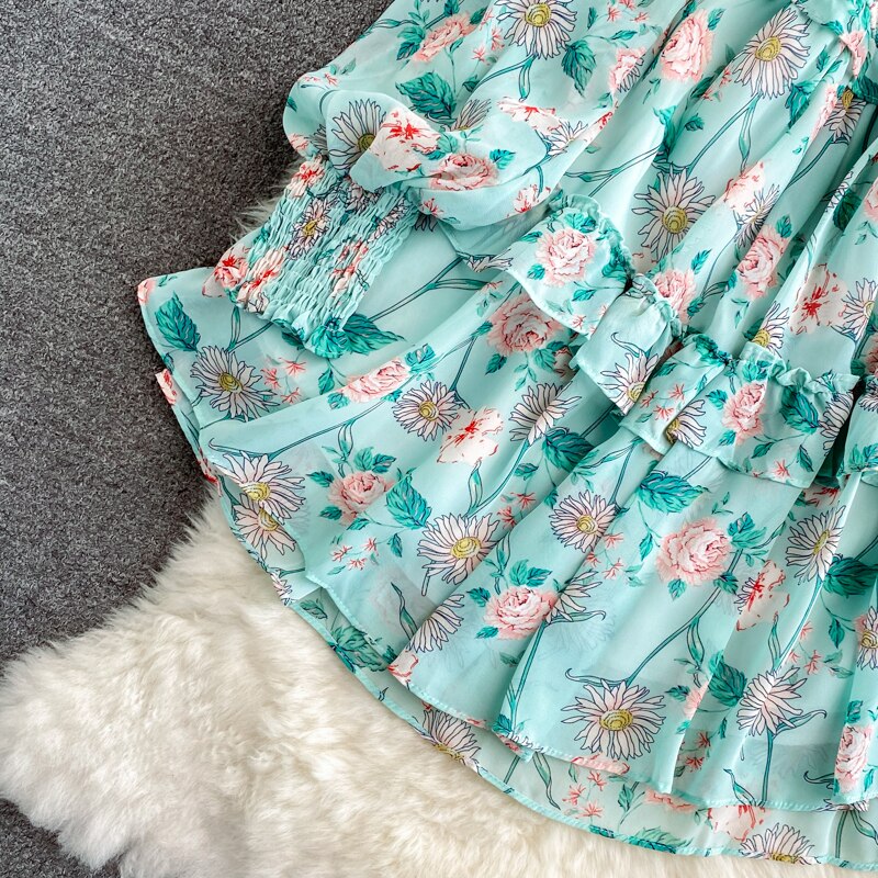 Women's Green/Purple/Beige Floral Chiffon Dress Bohemian V-Neck Lantern Long Sleeve High Waist Ruffle Vestidos Female New