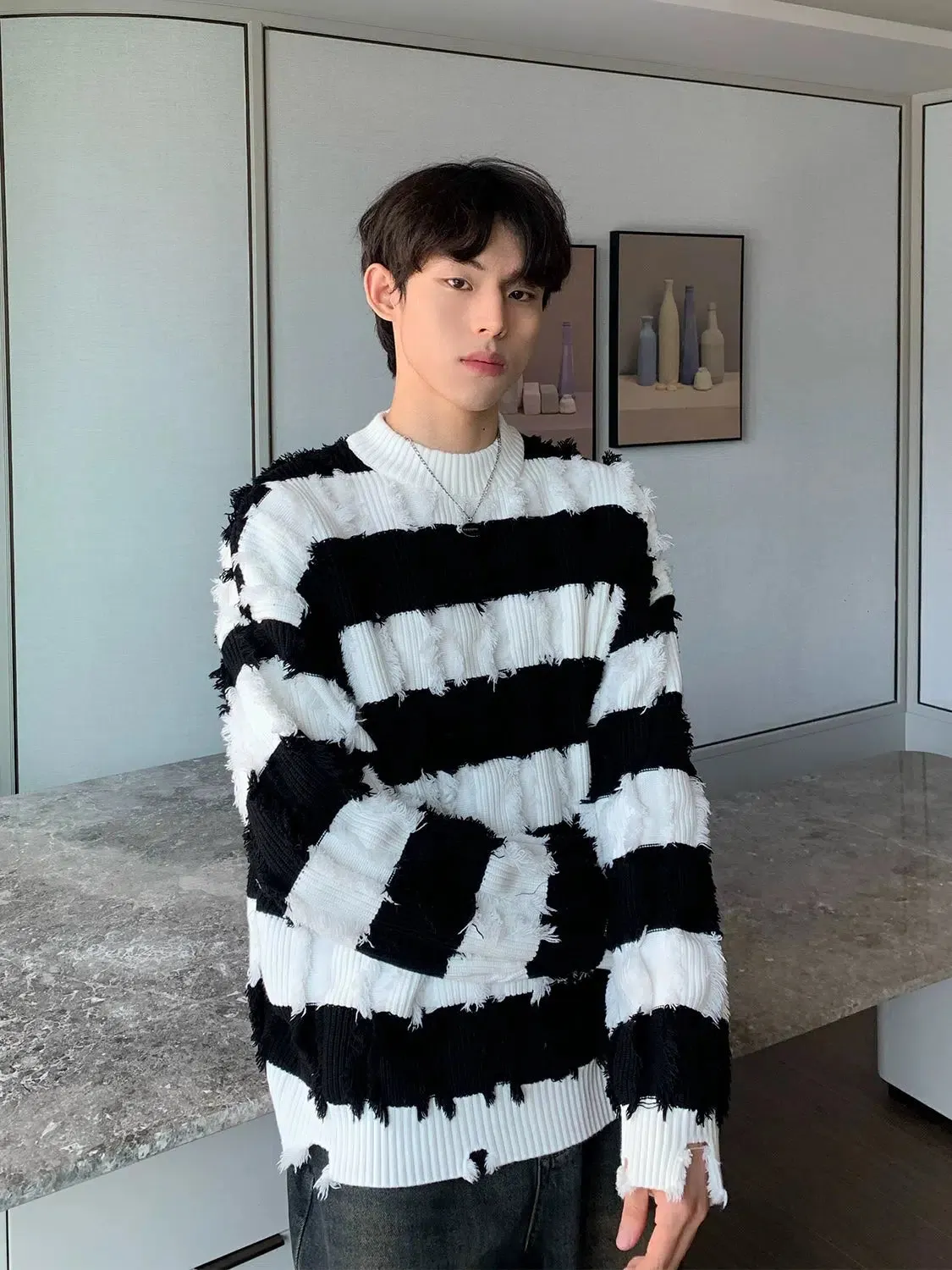 Maxct Half Turtleneck Striped Destroyed Sweater